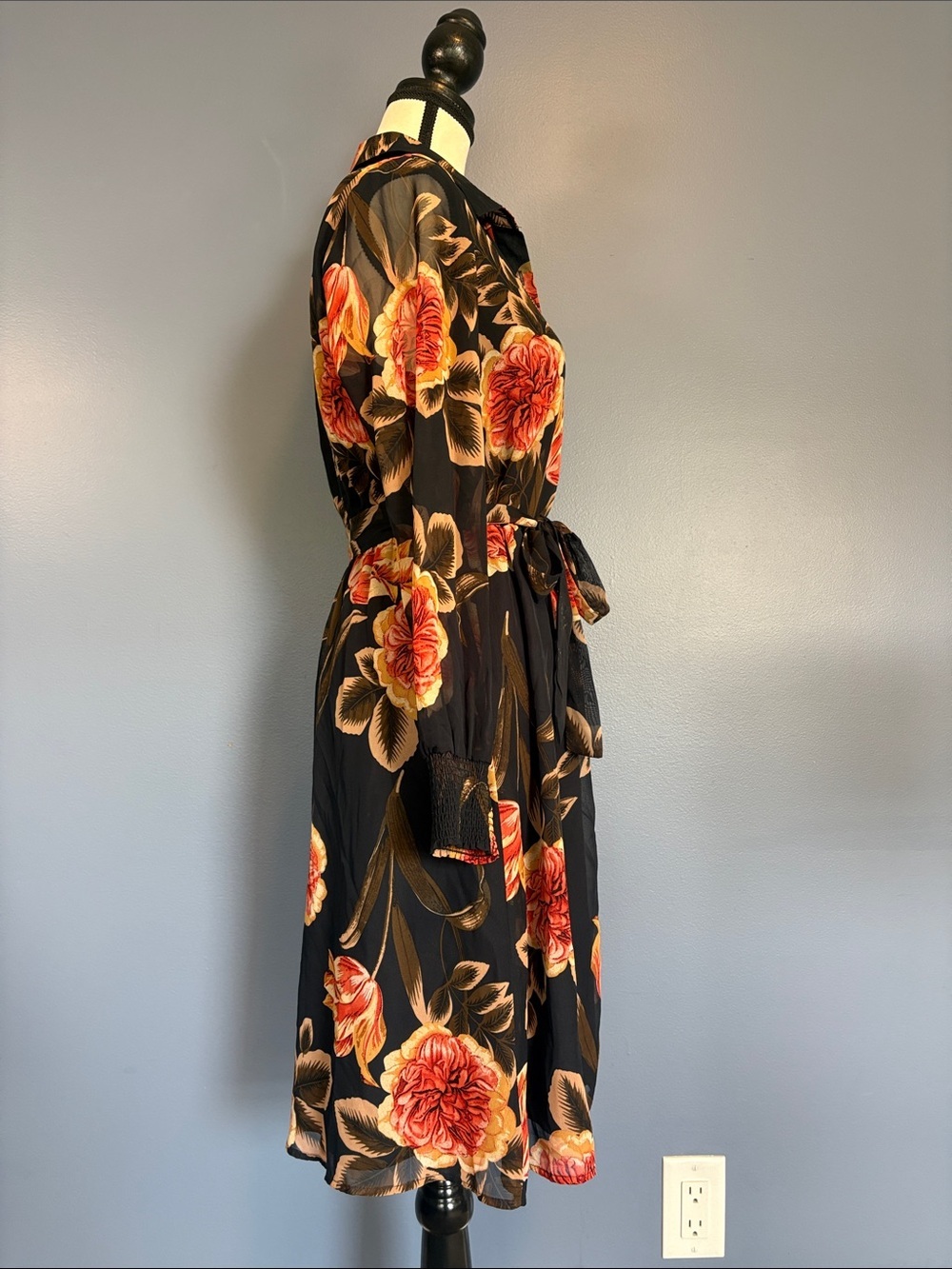 Cleo Petite Floral Shirt Dress | Size M | Belted Midi Dress | Sheer Sleeves - Picture 7 of 9
